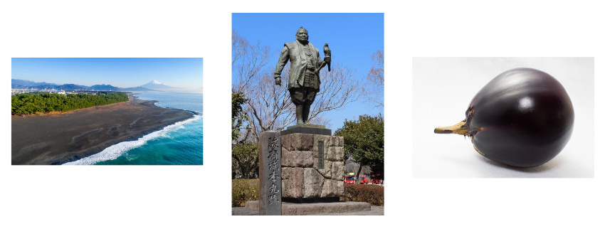 左から美しい富士山を望める三保の松原、駿府城に立つ家康像、静岡市清水区の名産・折戸なす。家康は駿府城で大好きな鷹狩りや能楽などを楽しみながら余生を過ごしたという。また、折戸なすは家康に献上していたという記録が残っている（家康公像 (1) 、静岡県、クリエイティブ・コモンズ・ライセンス 表示 2.1）