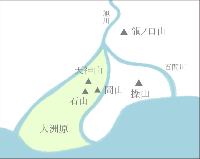 中世以前の旭川下流。標高20mほどの３つの丘は、古くから城や砦として活用されてきた