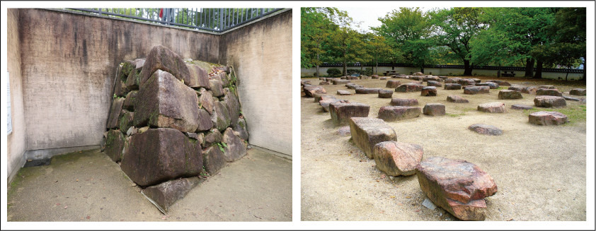 左は本丸中の段に残る宇喜多秀家時代の石垣、左は同じく秀家時代の本丸の礎石